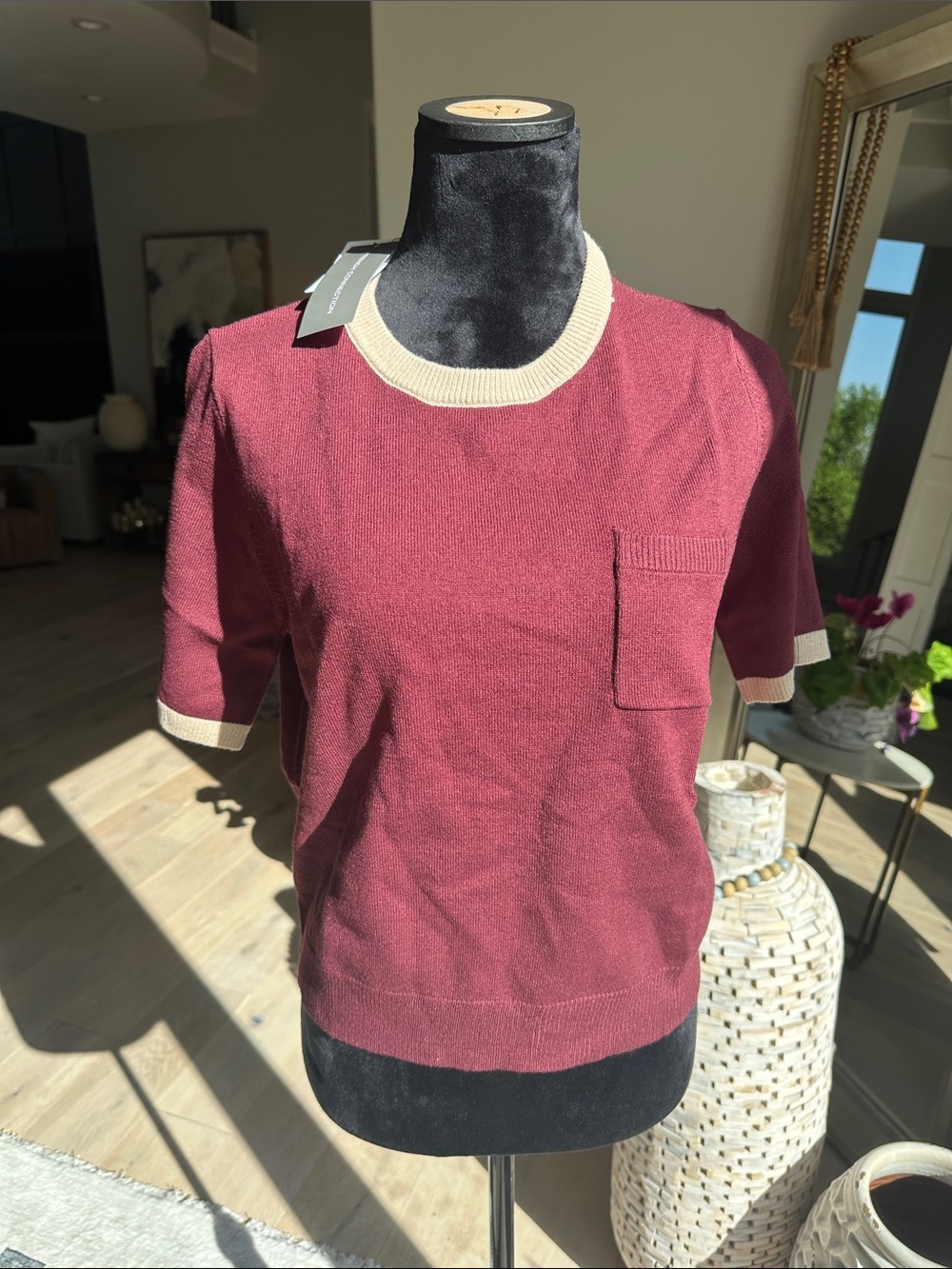 French Connection Maroon Short Sleeve Knit with Cream Neck Trim